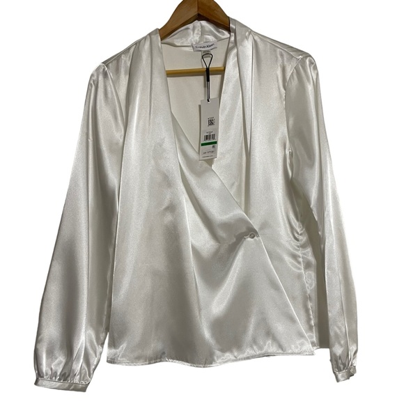Calvin Klein Satin Surplice V-Neck Long Blouson Sleeve Cross White Blouse L - Picture 1 of 12